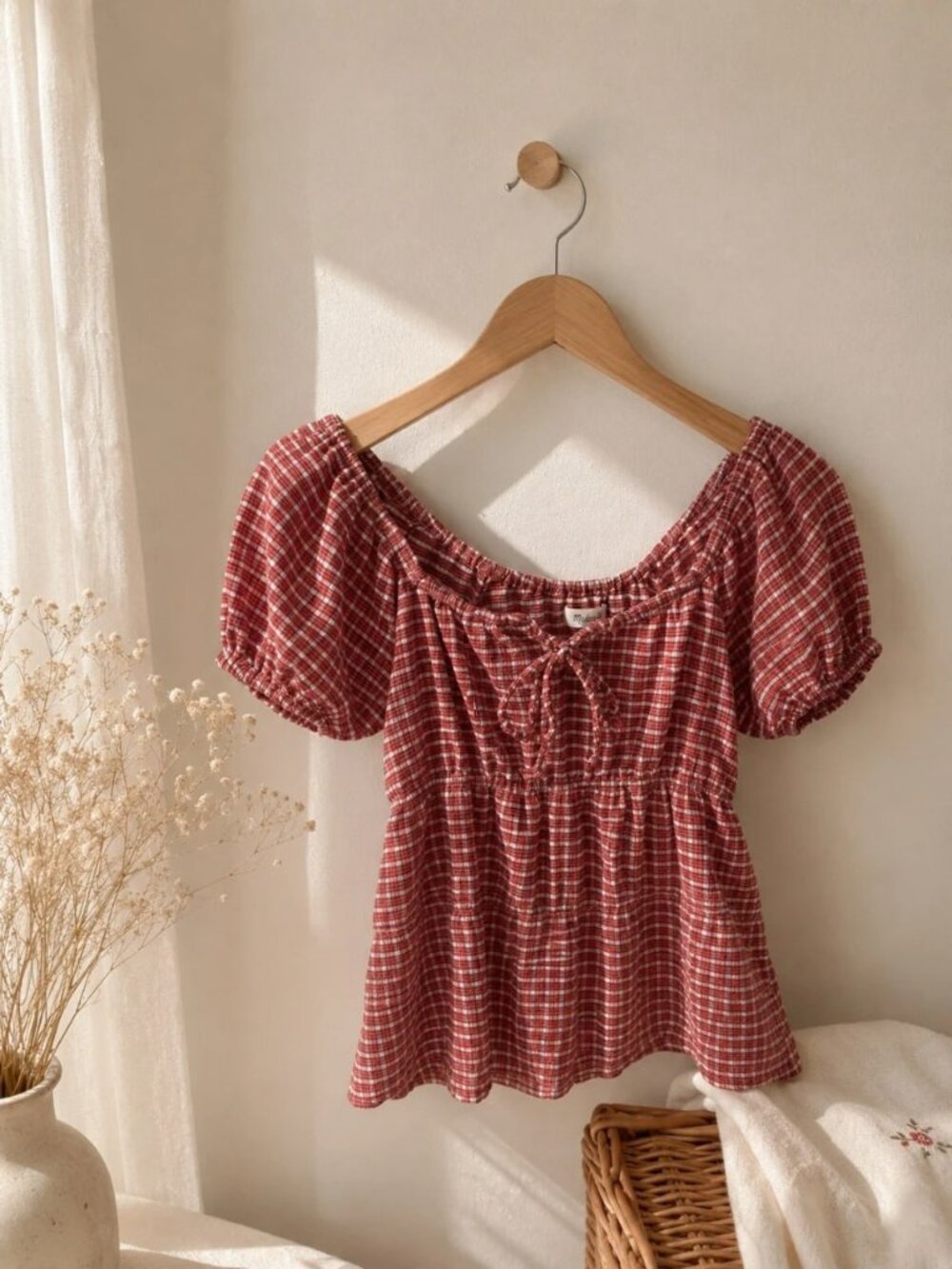 Red Gingham Puff Sleeve Tie Front Top, Size XS